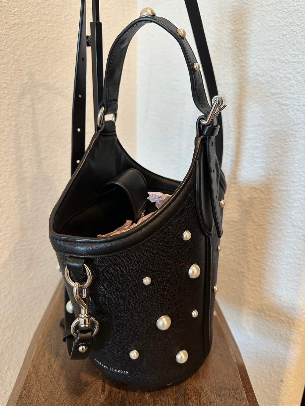 Authentic Rebecca Minkoff Pippa Top Bucket Bag with Pearl Studs Black Leather